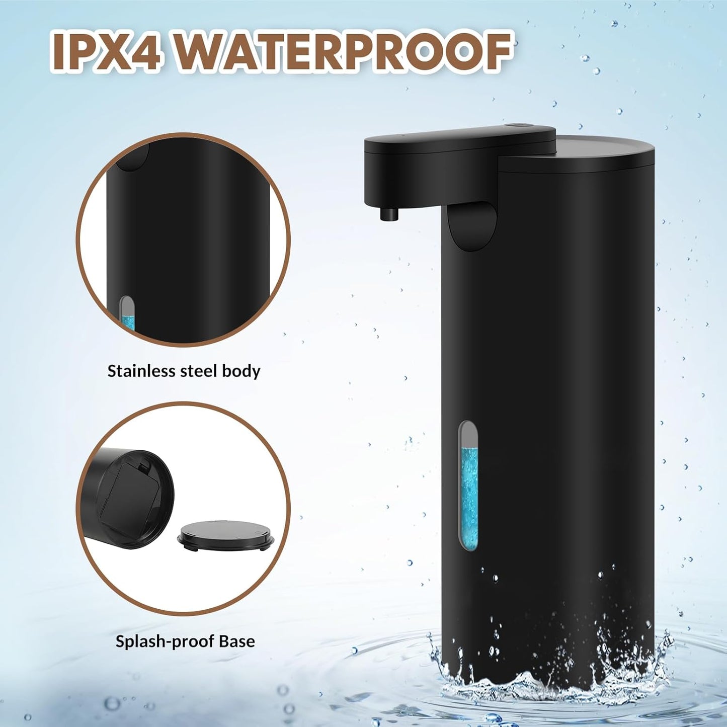 Dispensador Jabon Baño Automático De Acero Inoxidable Con 3 Niveles Ajustables Dispensador Jabón Eléctrico Infrarrojo 340Ml Sensor Dispensador Jabon IPX4 Waterproof Para Cocina Y Baño (Negro)