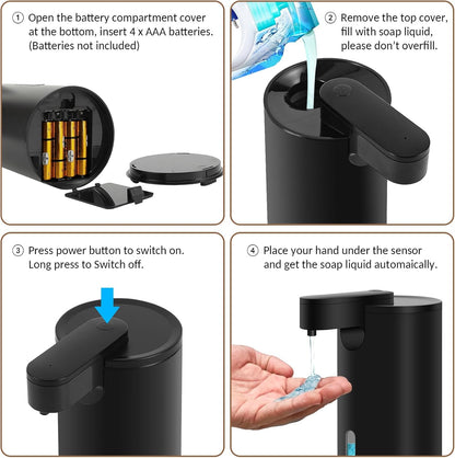 Dispensador Jabon Baño Automático De Acero Inoxidable Con 3 Niveles Ajustables Dispensador Jabón Eléctrico Infrarrojo 340Ml Sensor Dispensador Jabon IPX4 Waterproof Para Cocina Y Baño (Negro)