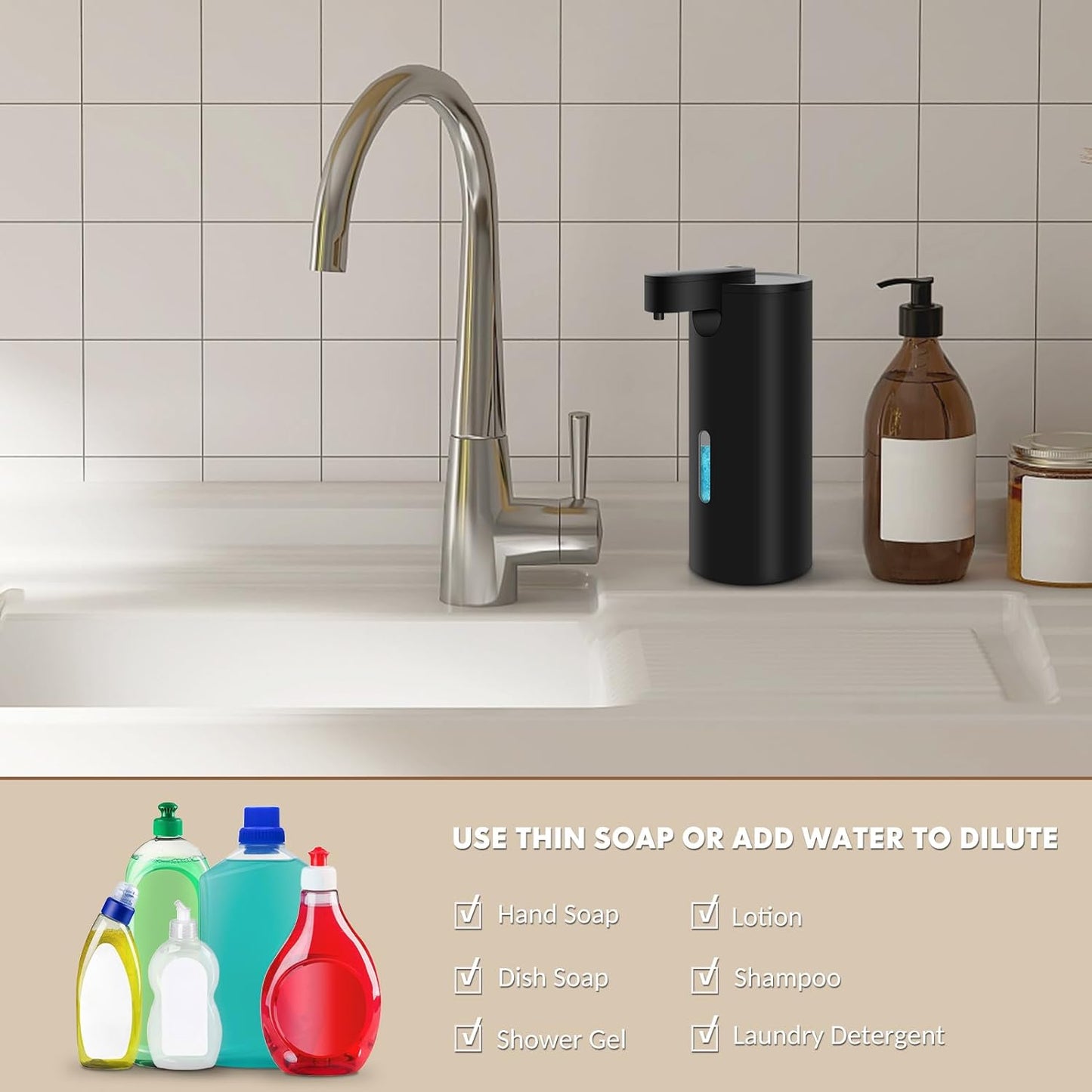 Dispensador Jabon Baño Automático De Acero Inoxidable Con 3 Niveles Ajustables Dispensador Jabón Eléctrico Infrarrojo 340Ml Sensor Dispensador Jabon IPX4 Waterproof Para Cocina Y Baño (Negro)