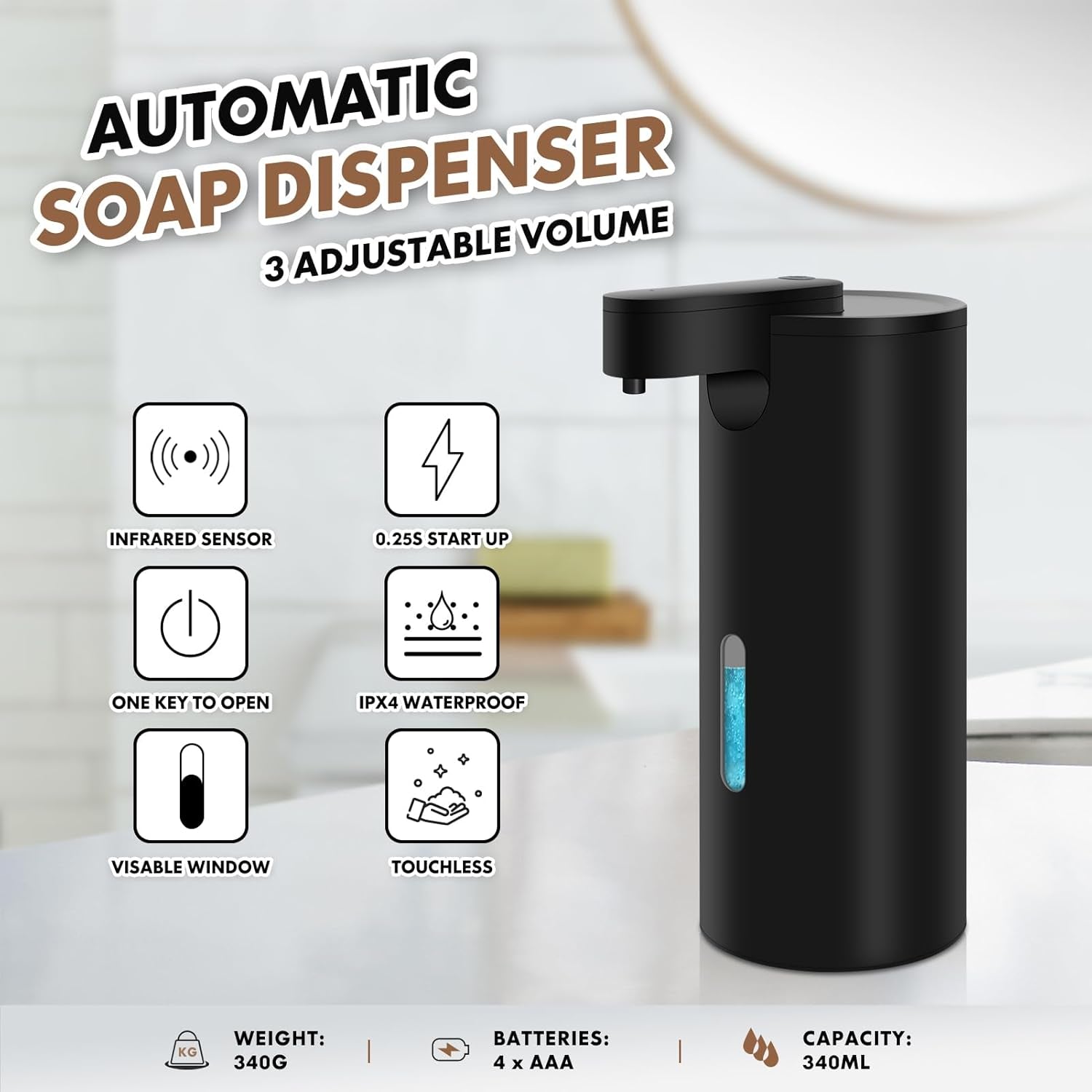 Dispensador Jabon Baño Automático De Acero Inoxidable Con 3 Niveles Ajustables Dispensador Jabón Eléctrico Infrarrojo 340Ml Sensor Dispensador Jabon IPX4 Waterproof Para Cocina Y Baño (Negro)